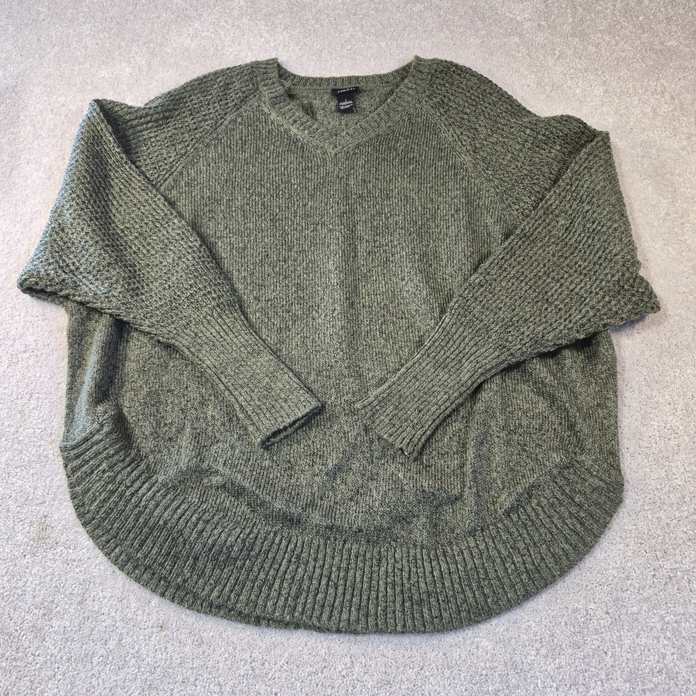 Rue 21 Marbled Knit V Neck Olive Green Sweater Women's Size Large Batwing Sleeve